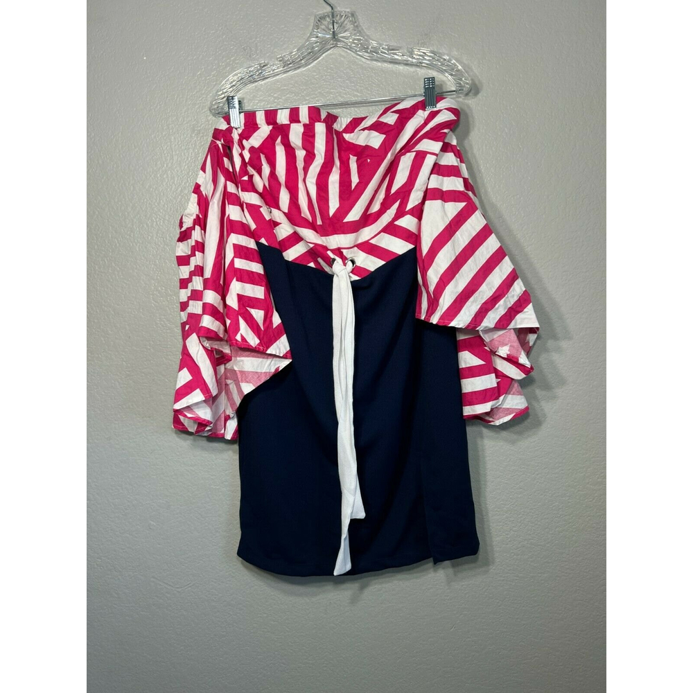 Venus Dress Women's size 18 Pink Blue Striped Wide Sleeve Off the Shoulder Midi